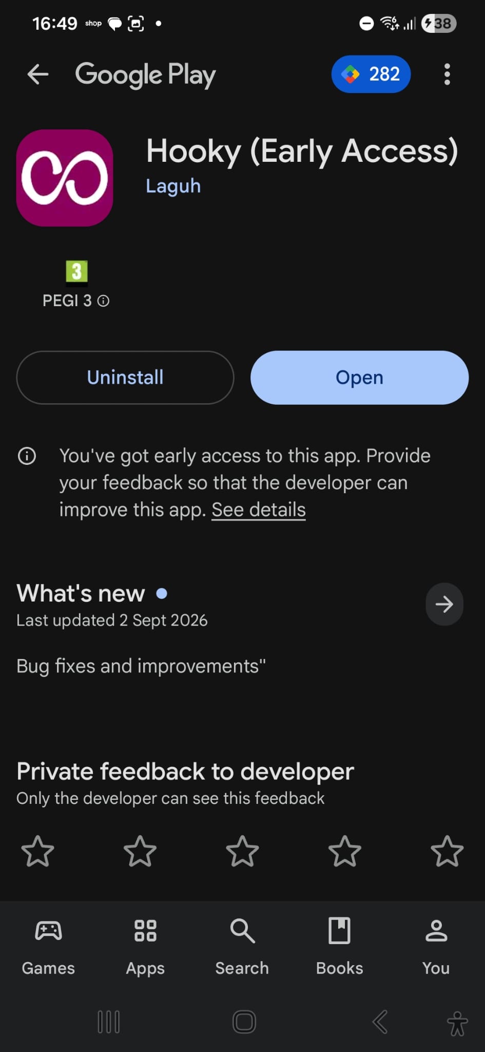 Hooky's Early Access listing on Google Play