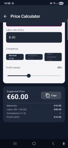 Hooky's Price Calculator screen showing suggested price
